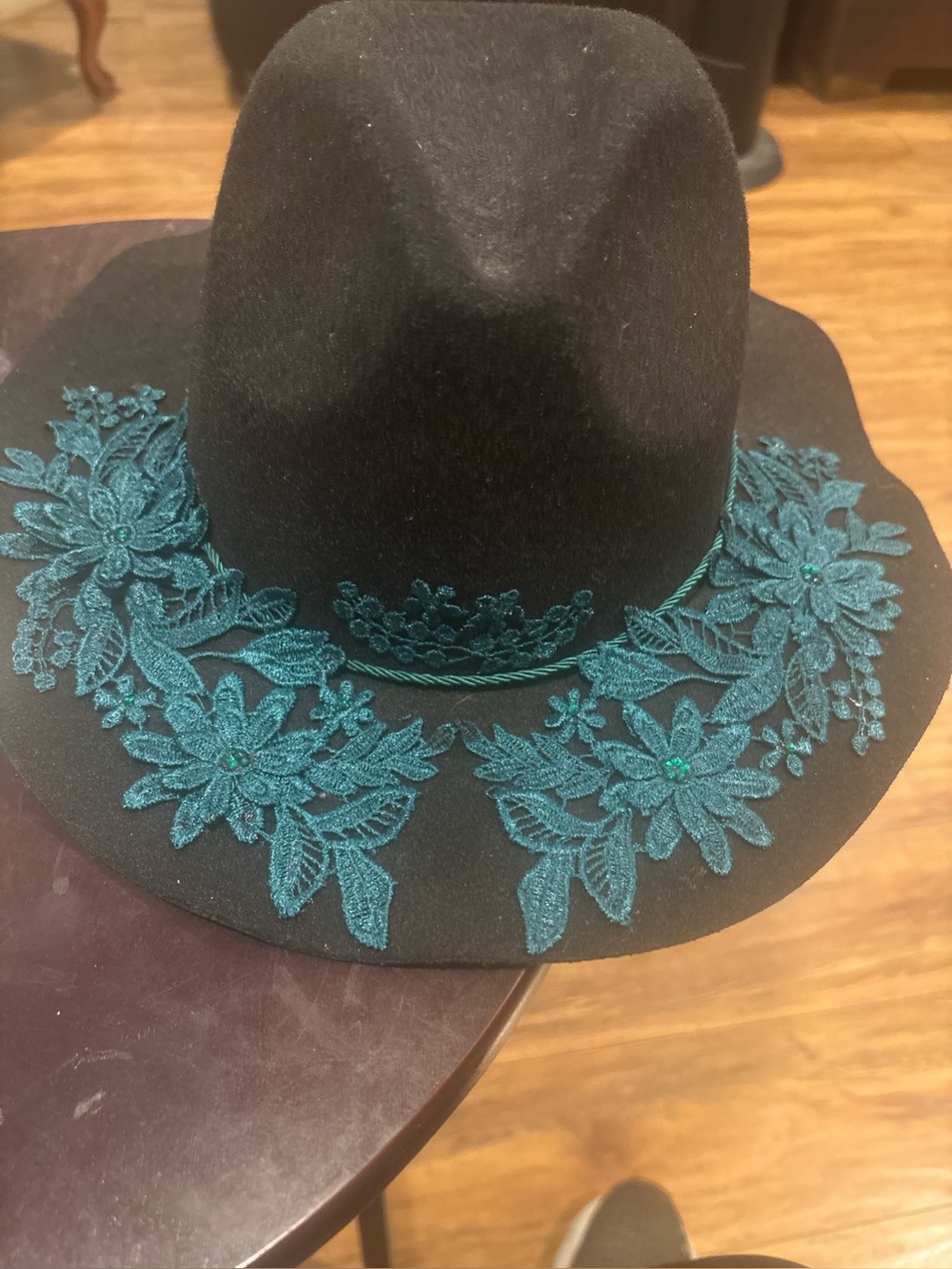 Women's Black Fedora Hat with Teal Floral Lace Trim